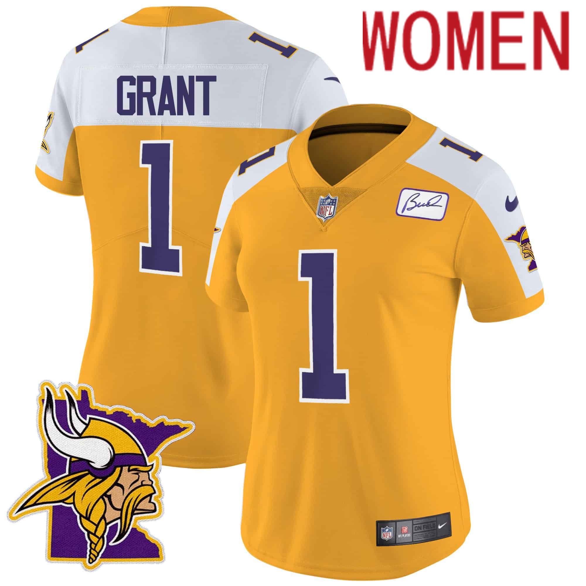 Women Minnesota Vikings #1 Grant Yellow 2024 Nike Patch Classic Limited NFL Jersey